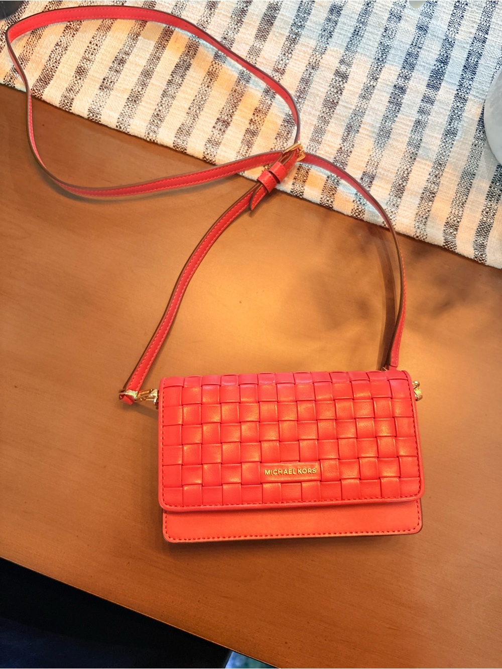 Michael Kors Coral-Pink Woven Leather Crossbody